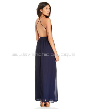 DL Backless Navy Chiffon Maxi Dress